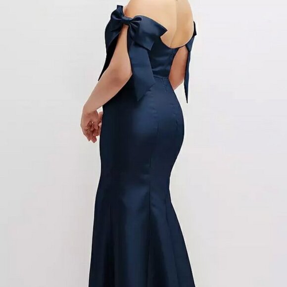 Alfred Sung Midnight Blue Off the Shoulder Bow Satin Gown D854 - Picture 5 of 6